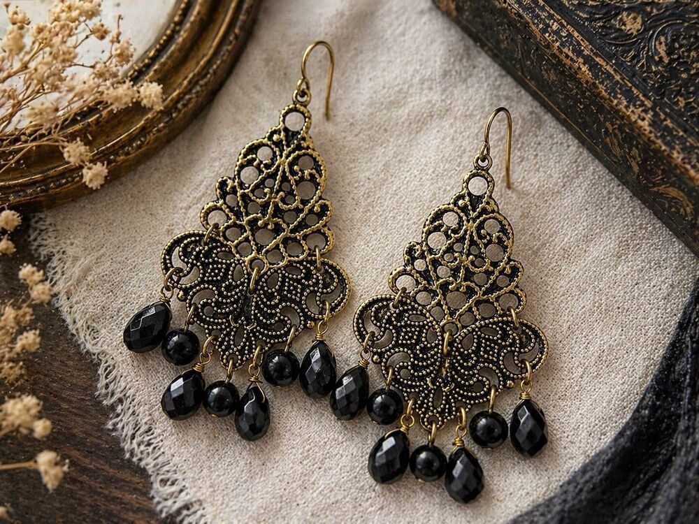 Vintage 1970s Gold Tone Filigree Chandelier Earrings Black Faceted Bead Boho